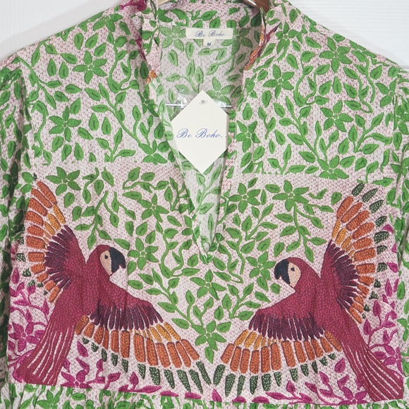 Be Boho Green and Red Bird Parrot Midi Dress Medium - Picture 2 of 6